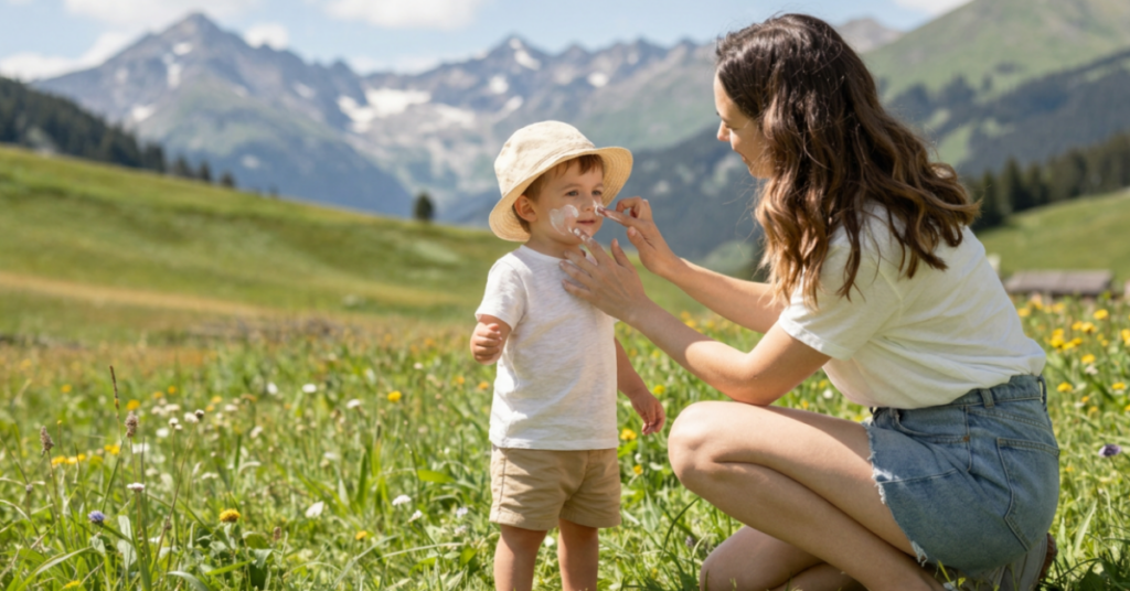 What to Pack for a Summer in the Swiss Alps with a Toddler Mom applying sunscreen on toddlers while on a hike in the Swiss mountains