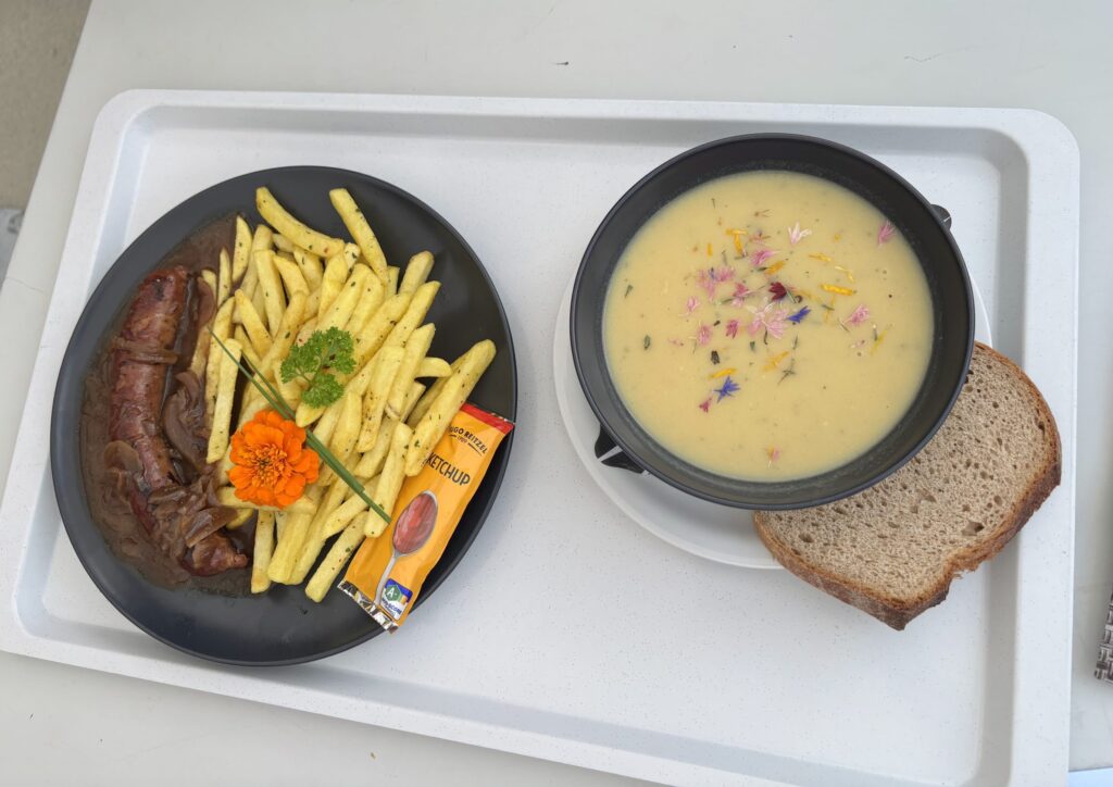 Lunch with soup and sausage and fries